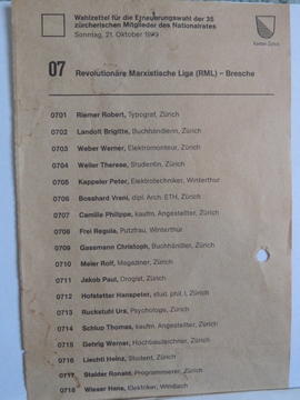 Zürcherische Nationalrat Liste, 1979